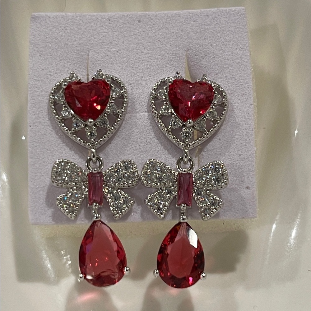 14k Gold Plated Elegant Red and Silver Heart Drop Earrings